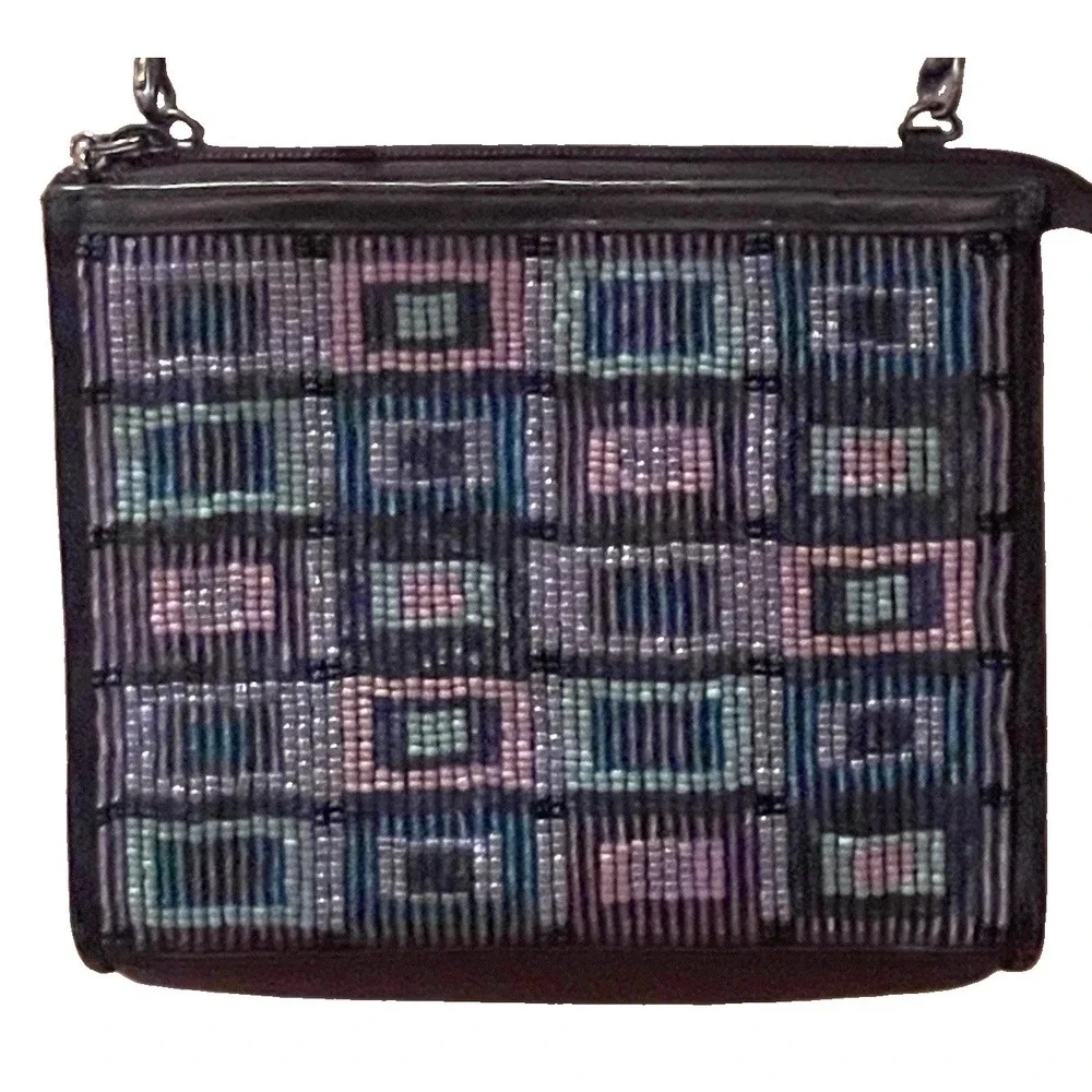 Brighton Black Beaded Check Crossbody Bag Detachable Braided Leather Strap Small